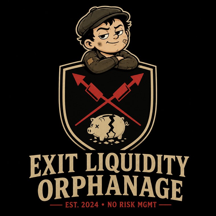Exit Liquidity Orphanage — crossed red arrows over a broken piggy bank crest